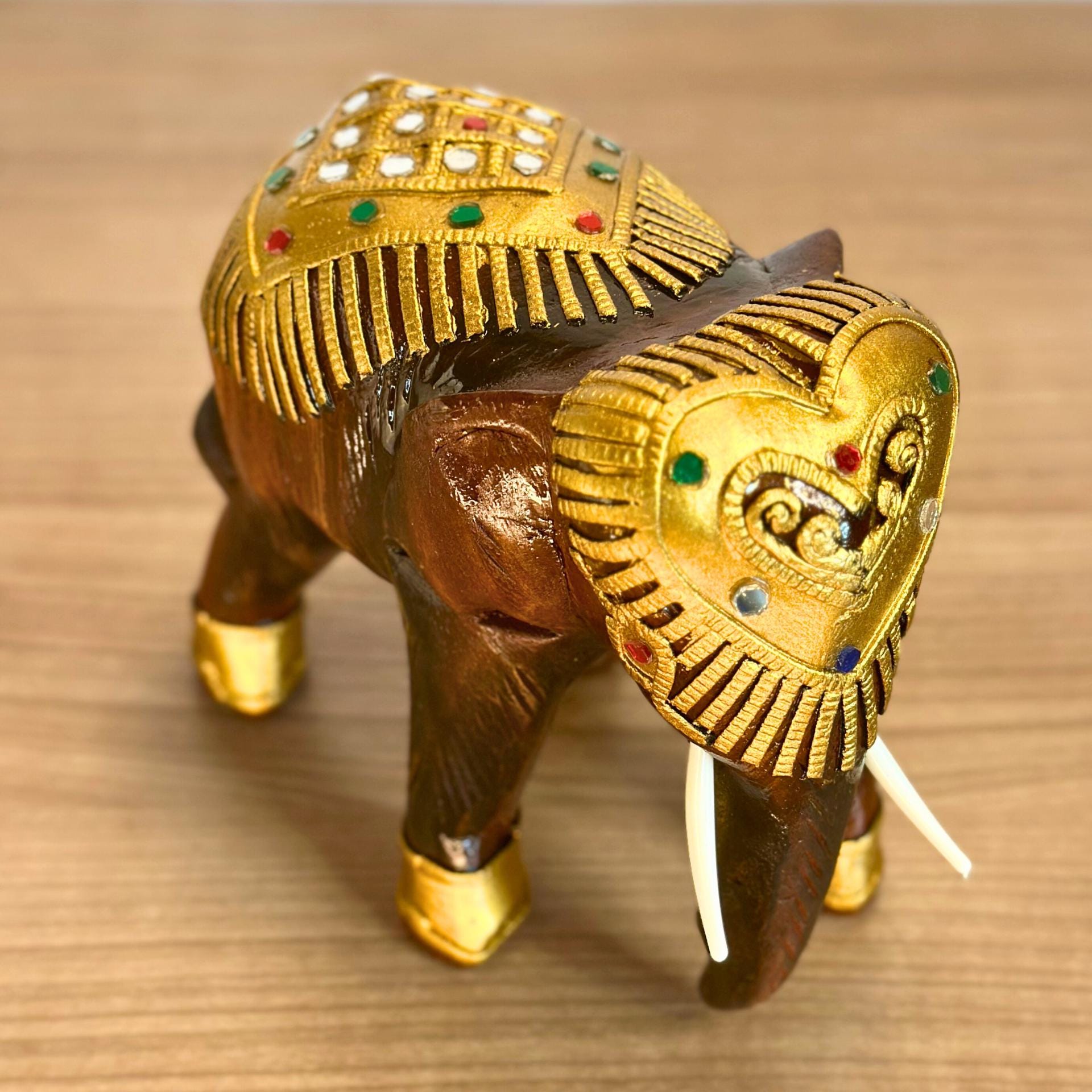 Wooden Elephant Sculpture, Handcarved Thai Decor: Golden Elephant Figurine, Cultural Folk Art Accent
