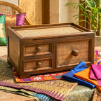 Storage Drawers Teak Wood Rattan 14 Inch Jewelry Organizer Housewarming Gift for Minimalist - Siam Wood Artisans