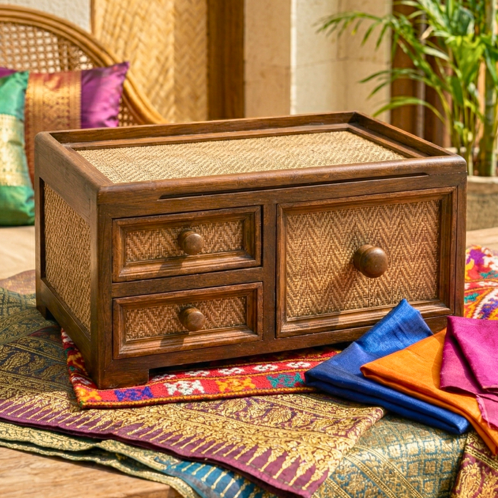 Storage Drawers Teak Wood Rattan 14 Inch Jewelry Organizer Housewarming Gift for Minimalist