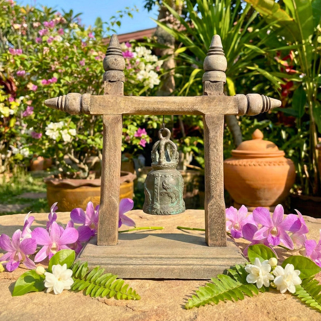 Handcrafted Wood Temple Bell on Stand: Rustic Meditation Decor