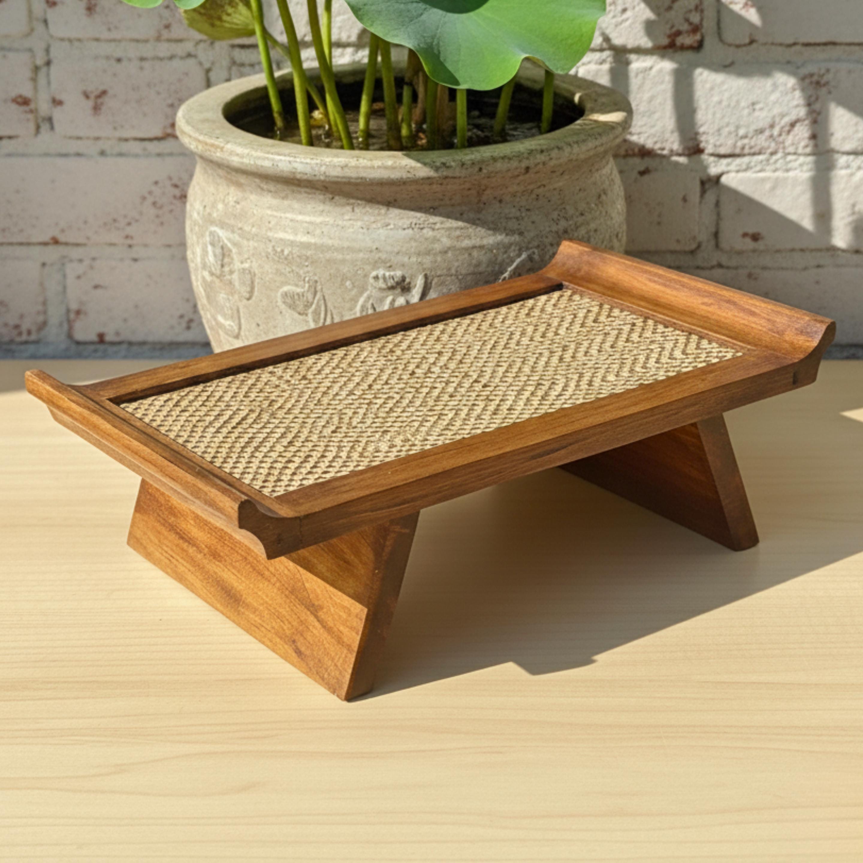 Handcrafted Hardwood Serving Tray: Woven Rattan Elevated Riser for Serving & Tea Set Display