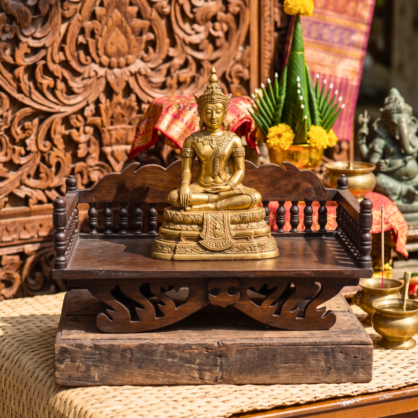 Handcrafted Teak Wood Spiritual Altar, 16 Inch Mudra Display Stand, Housewarming Gift for Minimalist
