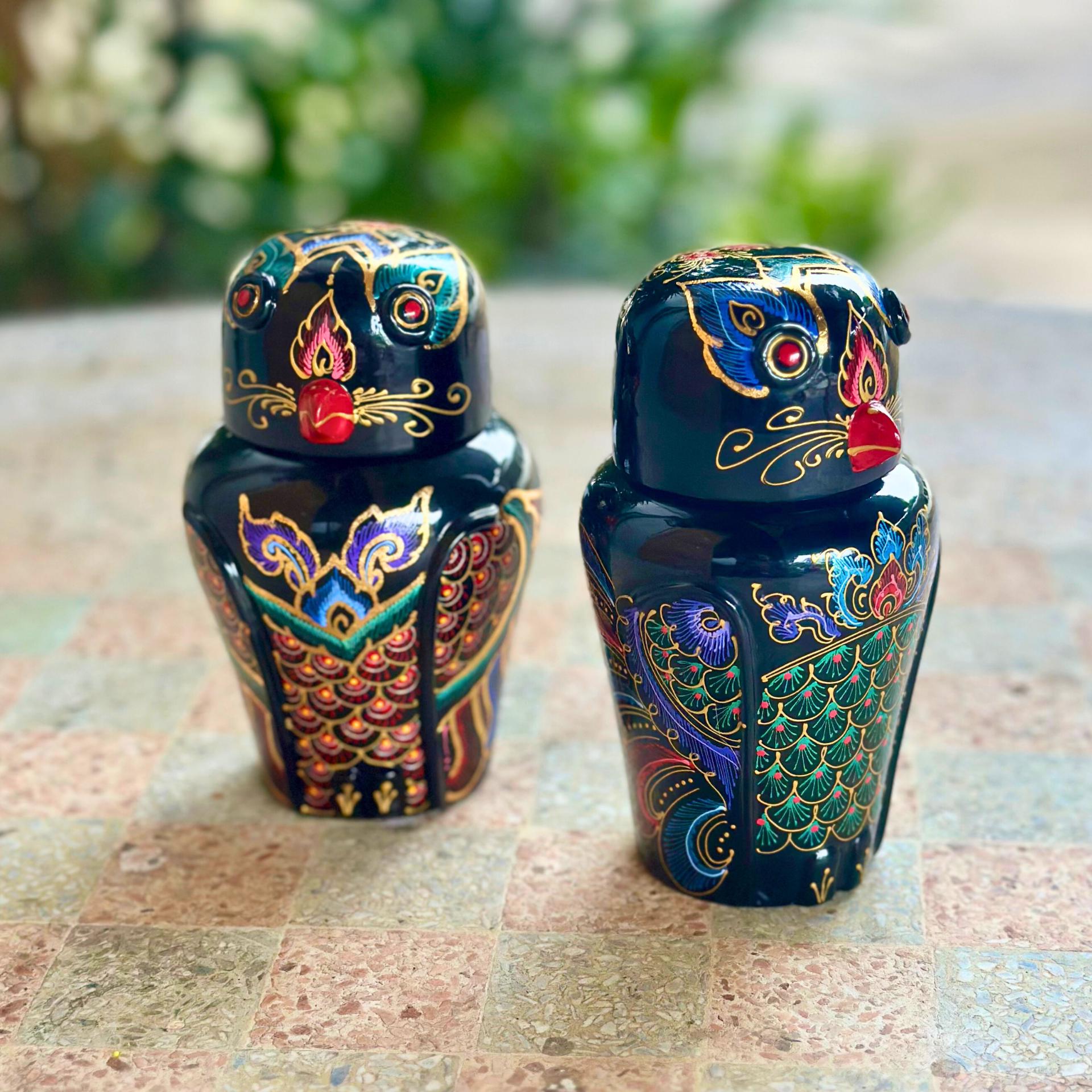 Hand-Painted Acacia Wood Owl Figurine: Black Lacquer Gold Accents