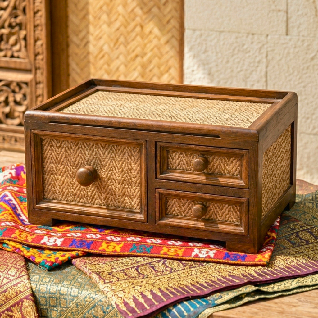Storage Drawers Teak Wood Rattan 14 Inch Jewelry Organizer Housewarming Gift for Minimalist