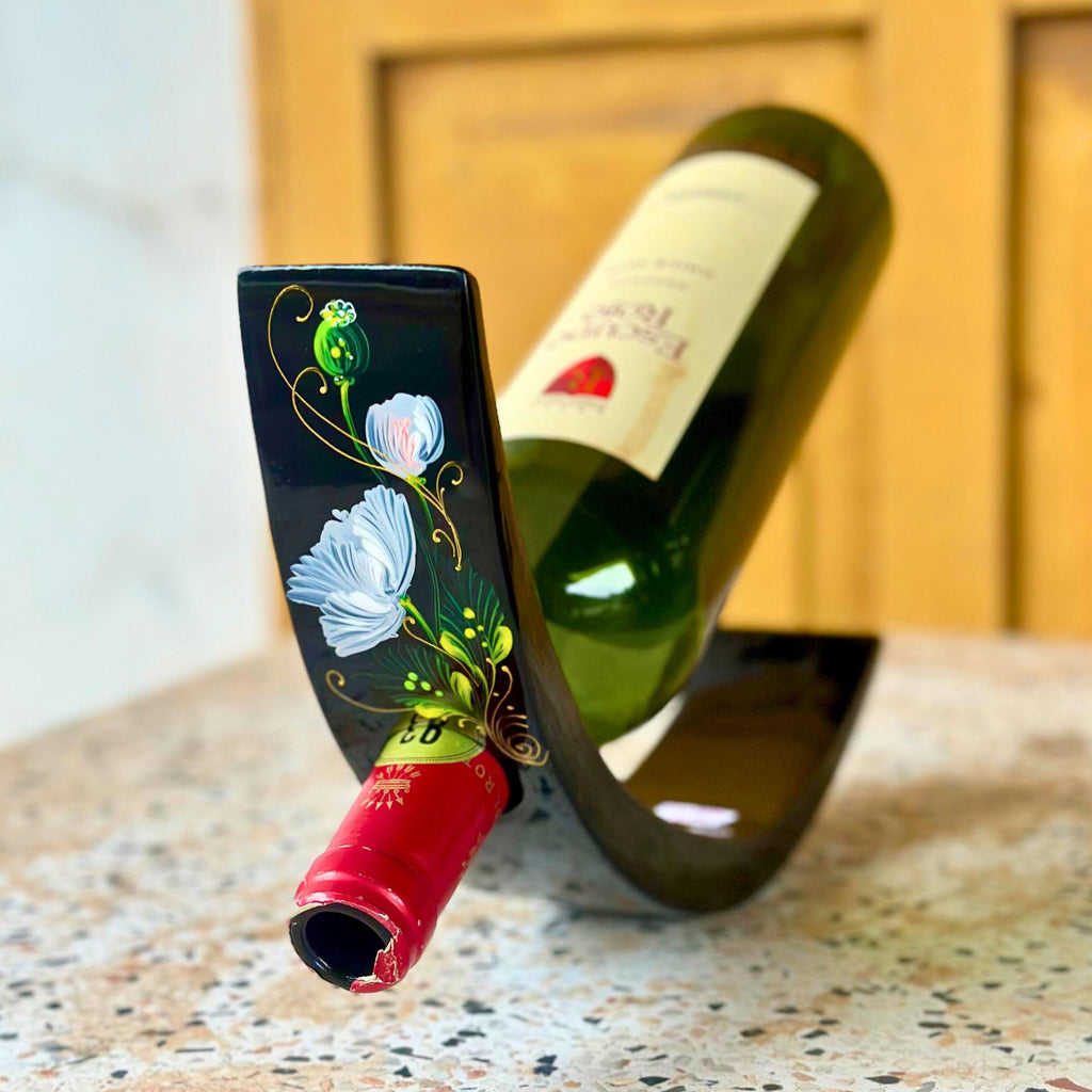 Hand-Painted Balancing Wine Holder, Unique Acacia Wood Stand, White Lily Design, Wine Lover Gift