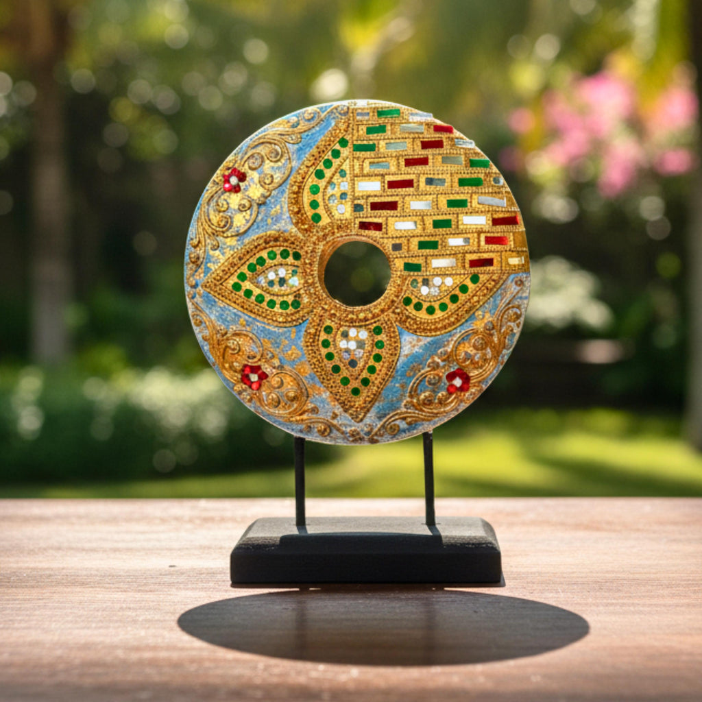Handcrafted Mandala Disc on Stand (Floral): Thai Wood Sculpture Zen Decor
