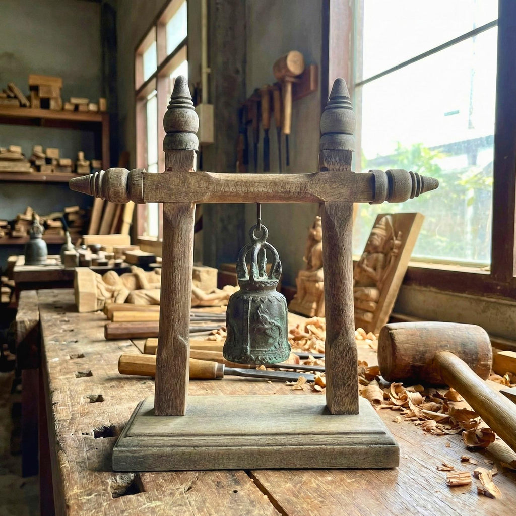 Handcrafted Wood Temple Bell on Stand: Rustic Meditation Decor