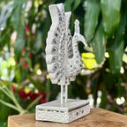 Jeweled Silver Peacock Figurine: Elegant Ornate Thai Decor - Siam Wood Artisans