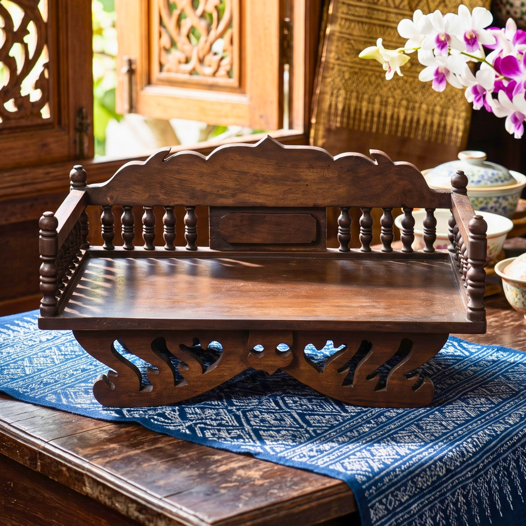 Handcrafted Teak Wood Spiritual Altar, 16 Inch Mudra Display Stand, Housewarming Gift for Minimalist
