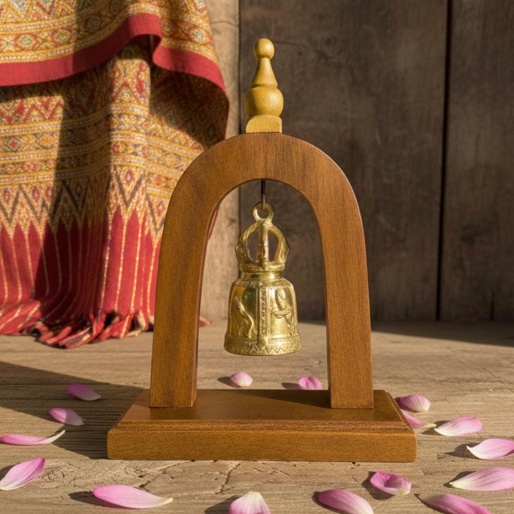 Handcrafted Wood Arch Bell Stand: Golden Temple Bell Meditation Decor
