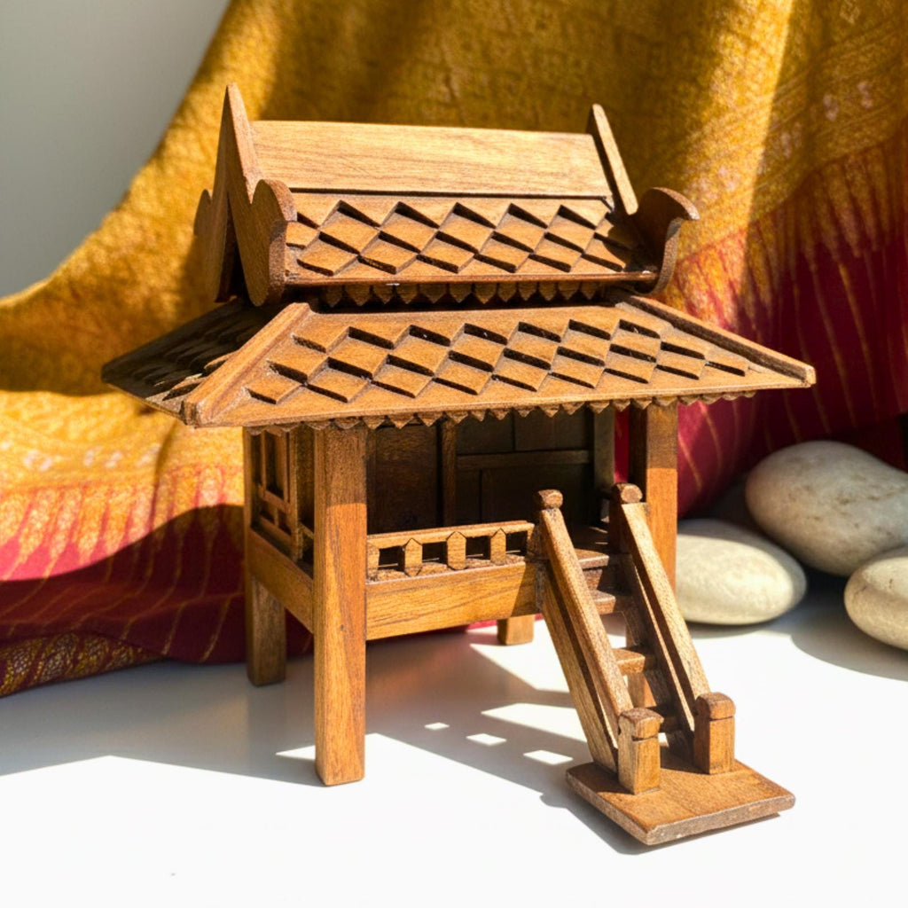 Hand Carved Teak Wood Spirit House: Traditional Thai Architectural Miniature