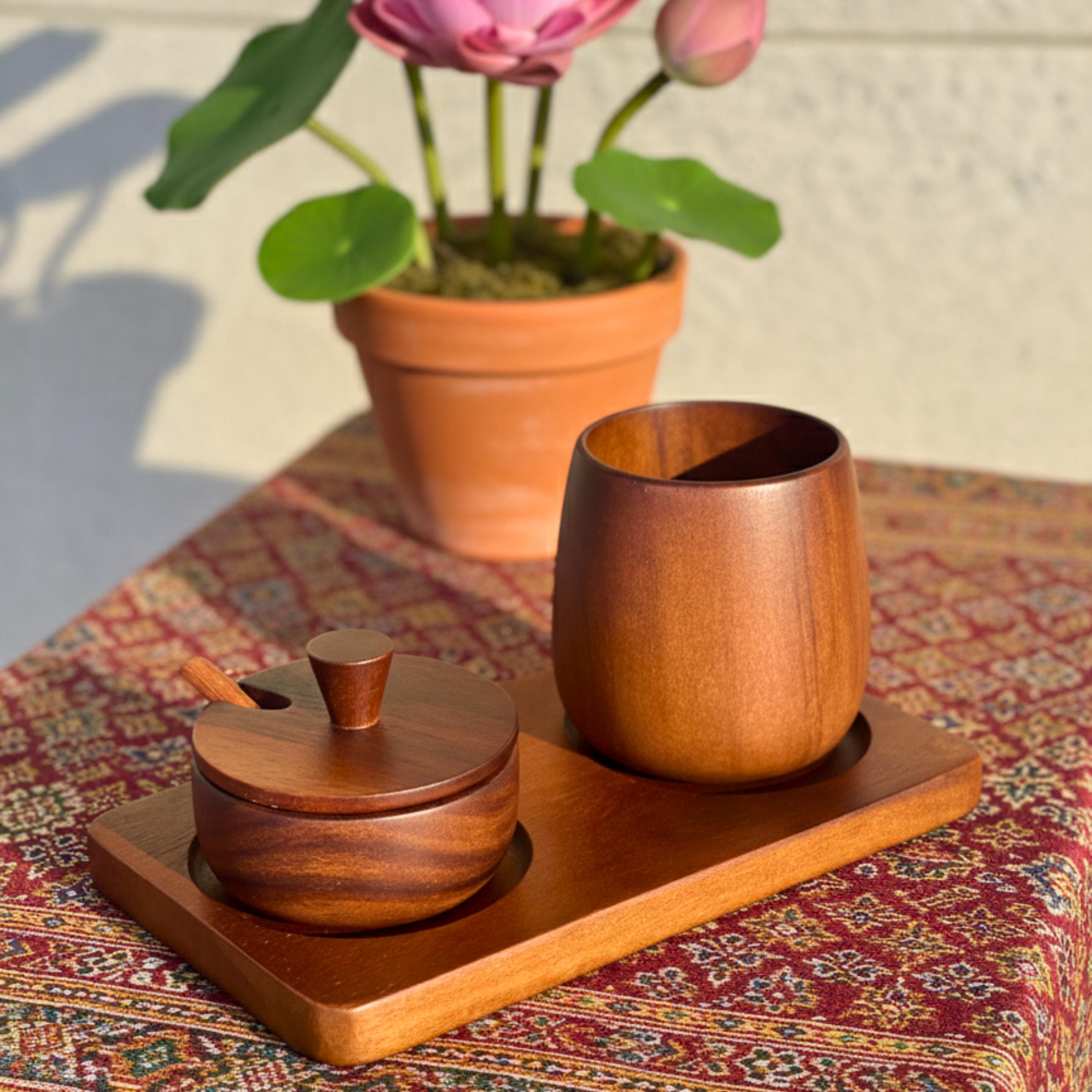Hand Carved Wood Sugar Bowl & Tumbler Set: Coffee Bar Serving Tray