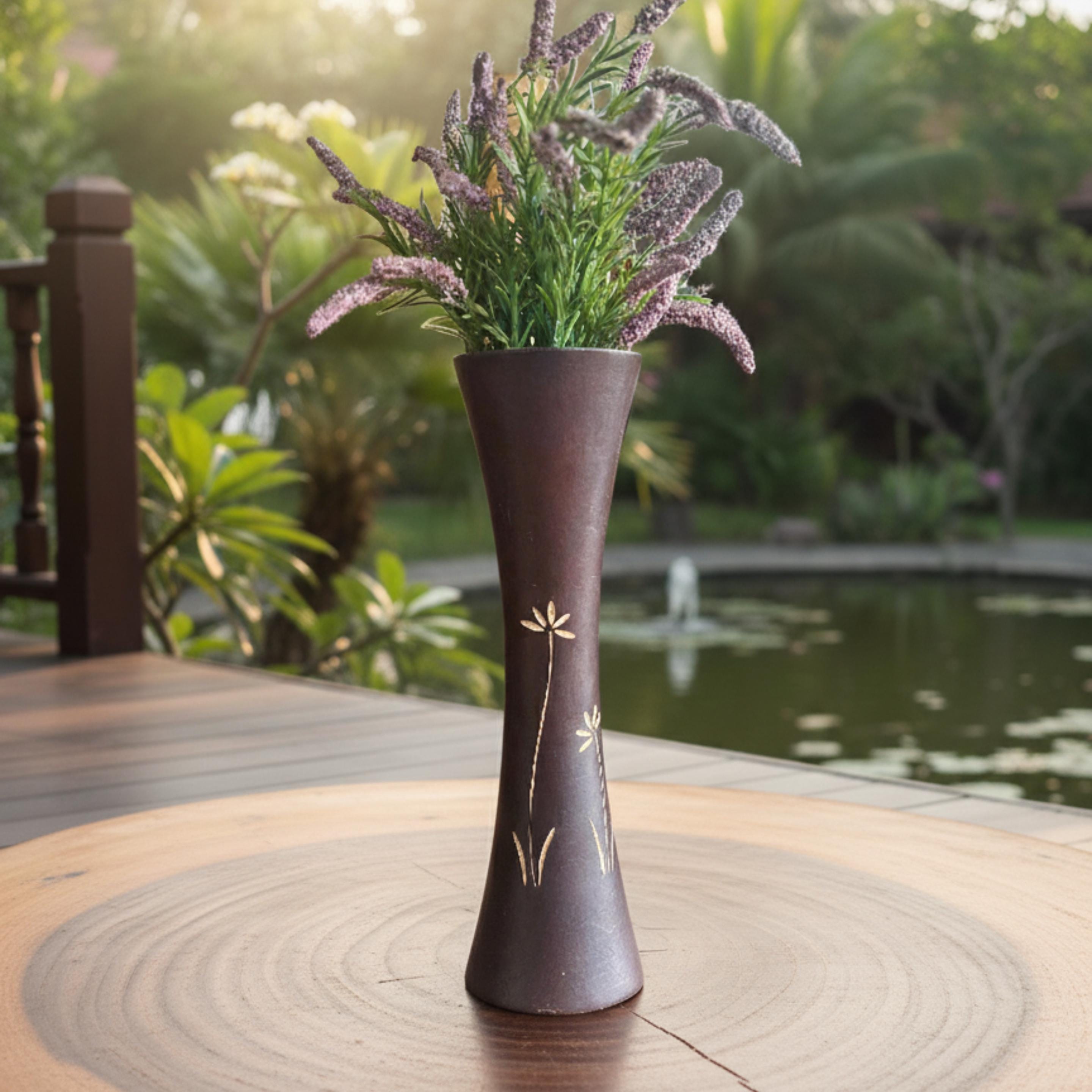 Hand Carved Wooden Tabletop Vase: Two Tone Floral Rustic Decor