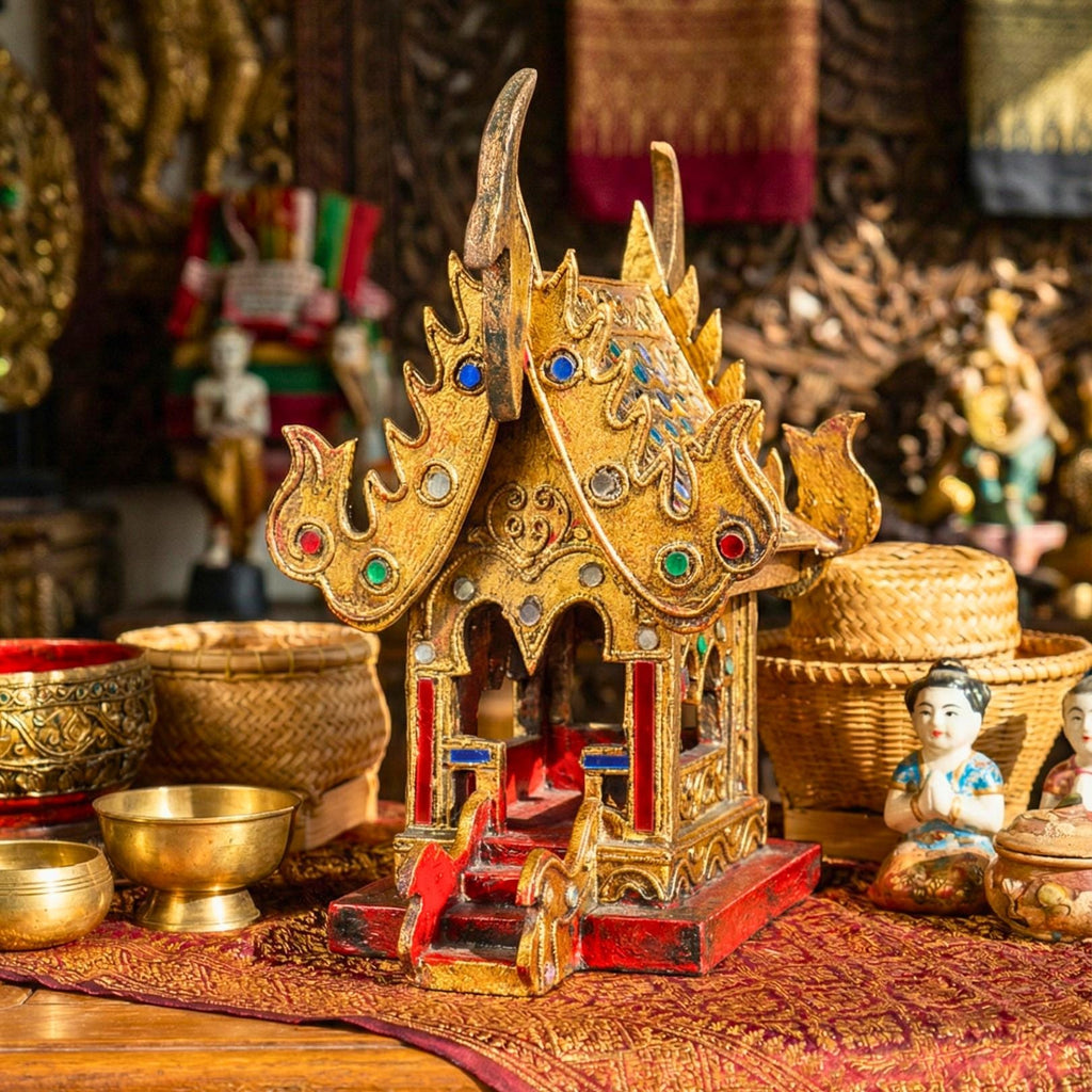 Hand Painted Thai Teak Wood Spirit House: Traditional Temple Shrine, Folk Art