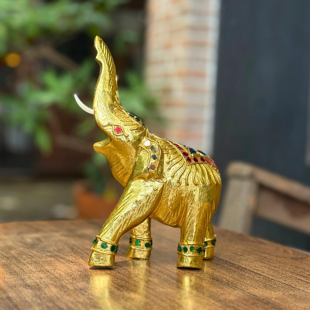 Golden Elephant Figurine, Thai Handcrafted Decor: Jeweled Lucky Elephant Statue, Cultural Home Accent
