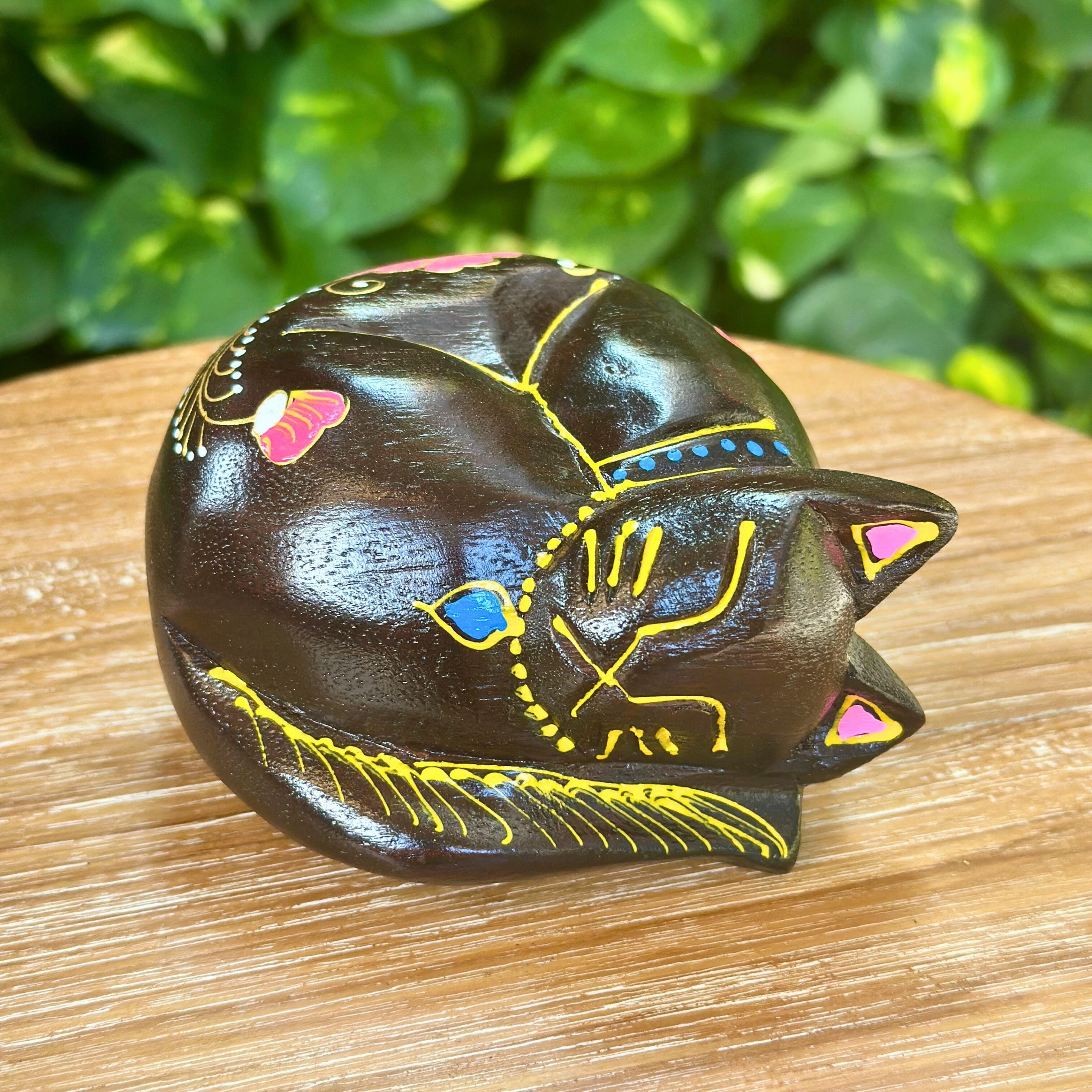 Hand Painted Wooden Sleeping Cat Figurine: Unique Animal Decor Gift