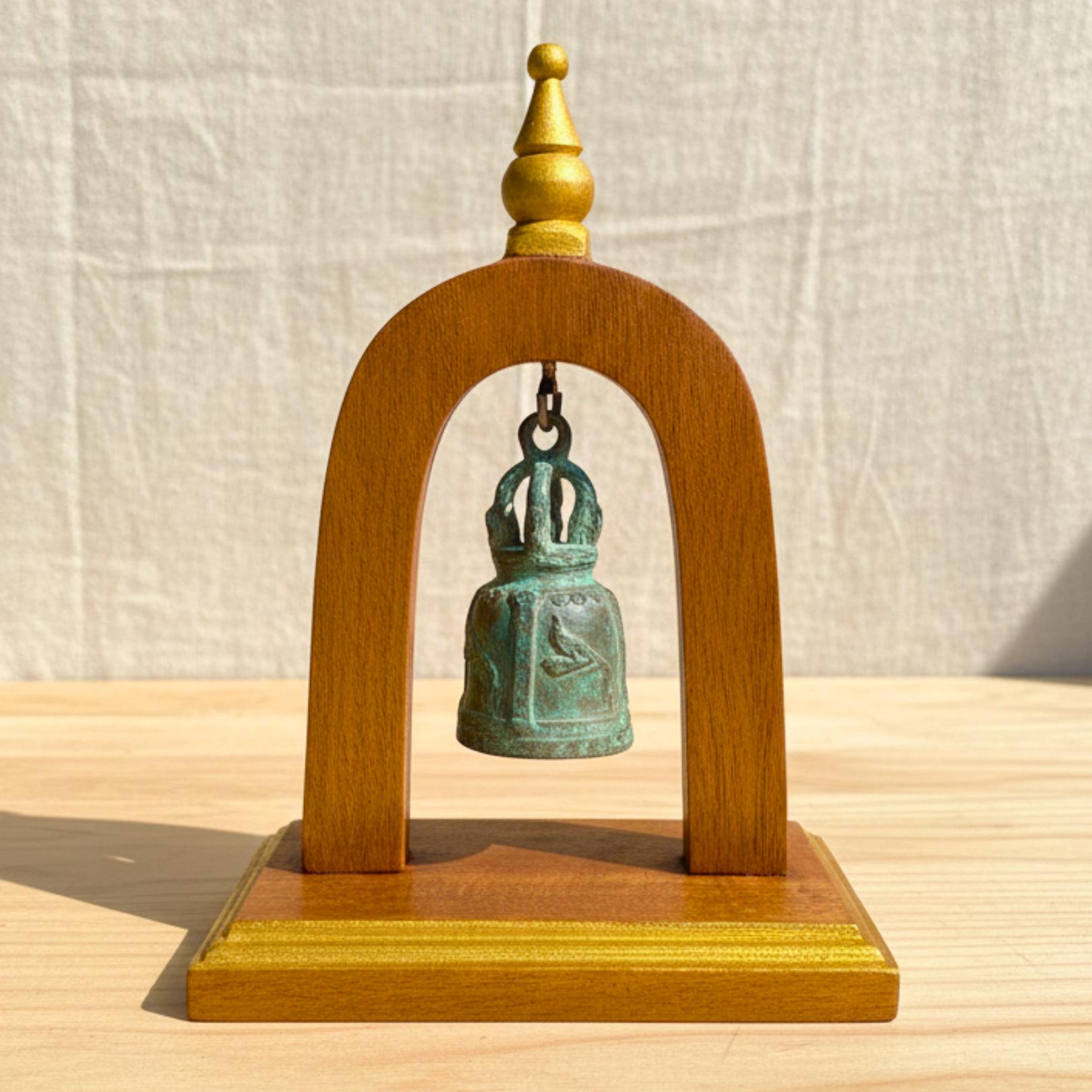 Handcrafted Wood Arch Bell Stand: Aged Brass Temple Bell Rustic Accent