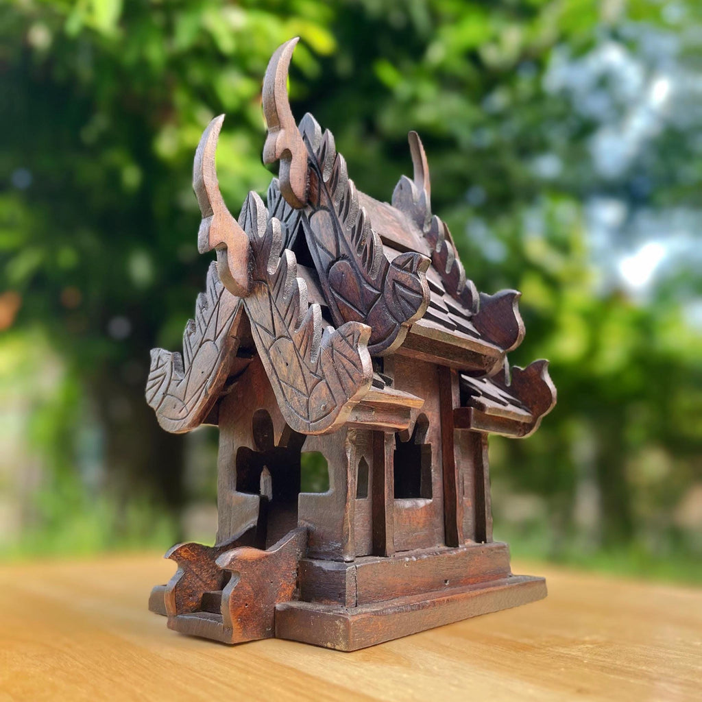 Handcrafted Teak Wood Spirit House: San Phra Phum Traditional Thai Folk Art Decor