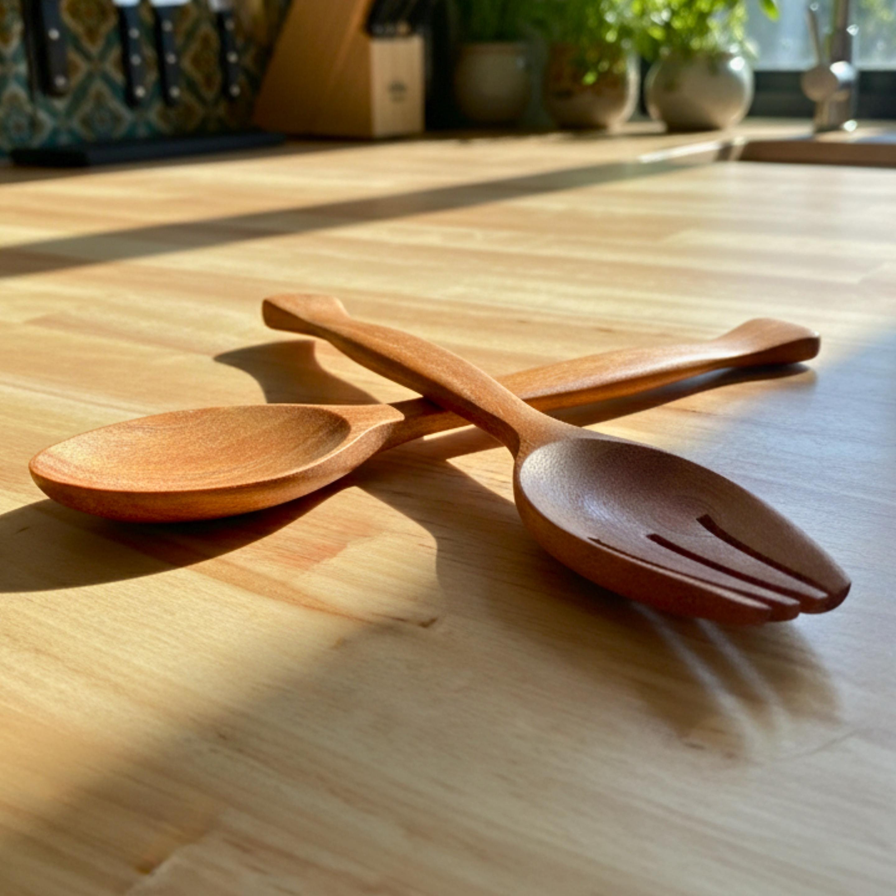 Hand Carved Wood Salad Tongs Serving Set: Rustic Upcycled Kitchen Utensils