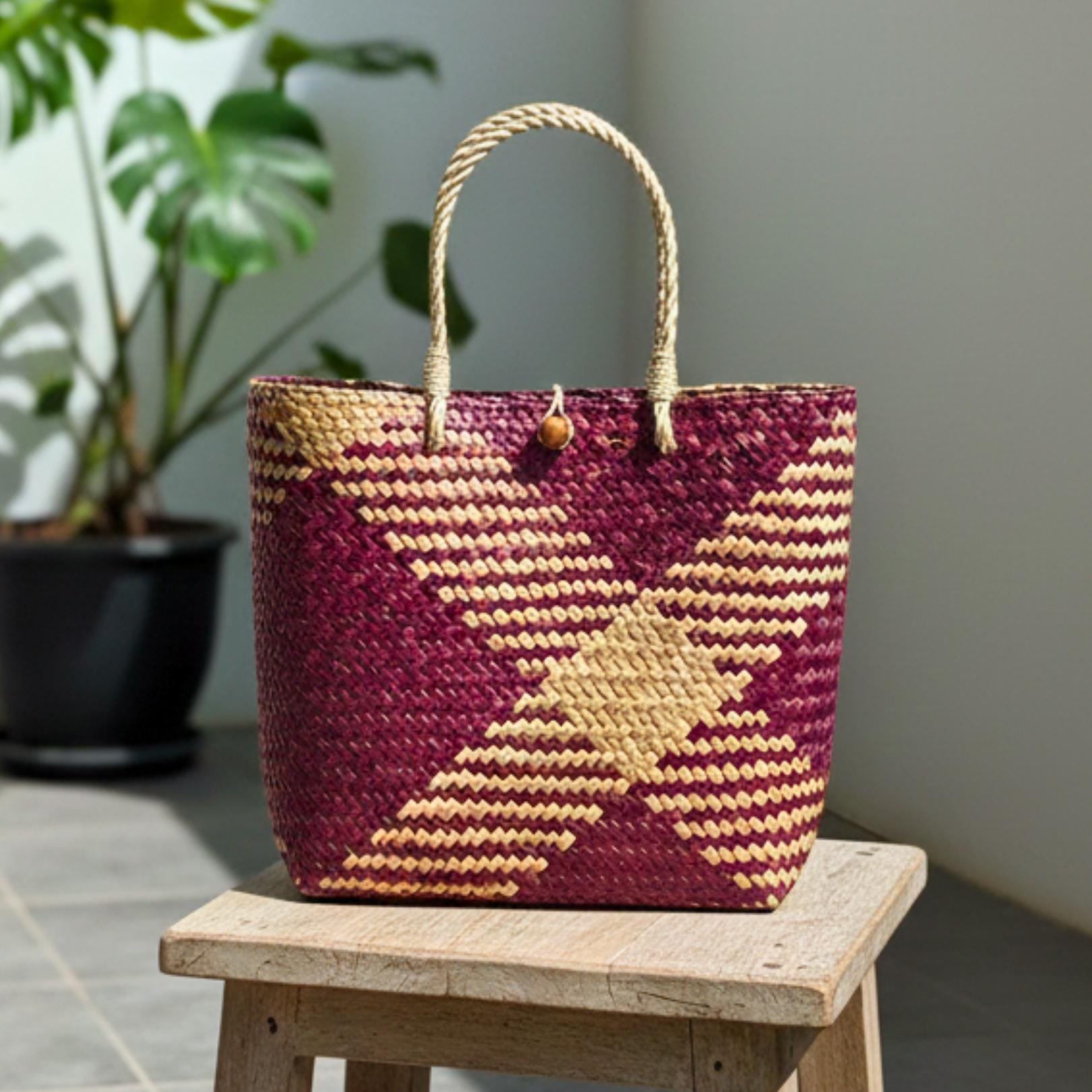 Hand Woven Rattan Square Tote Bag: Boho Wicker Handbag with Rope Handles
