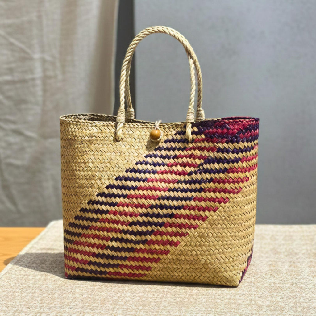 Hand Woven Rattan Market Bag: Large Boho Wicker Tote with Geometric Pattern