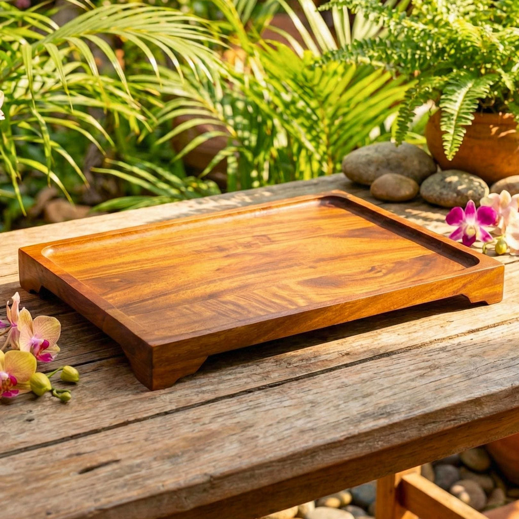 Large Hand Carved Teak Wood Serving Tray: Tea & Coffee Table Platter