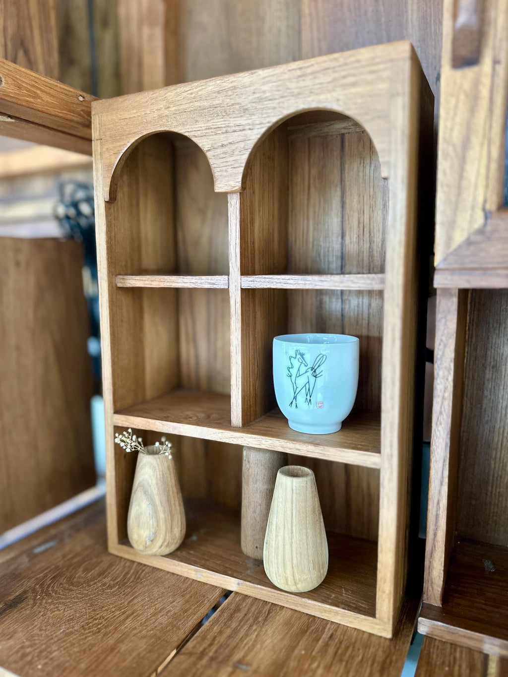Teak Wood Arched Wall Shelf: Thai Niche Display with Mini Vessels