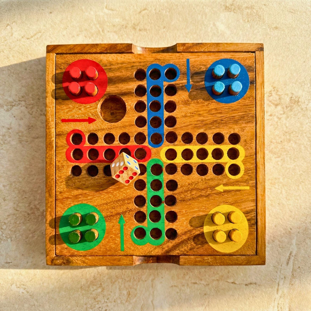 Hand Carved Wood Ludo Game Set: Rustic Portable Board Game Toy