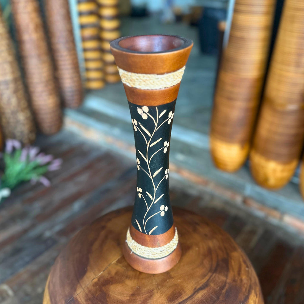 Hand Carved Wooden Floor Vase: Tall Thai Rustic Boho Entryway Accent Decor