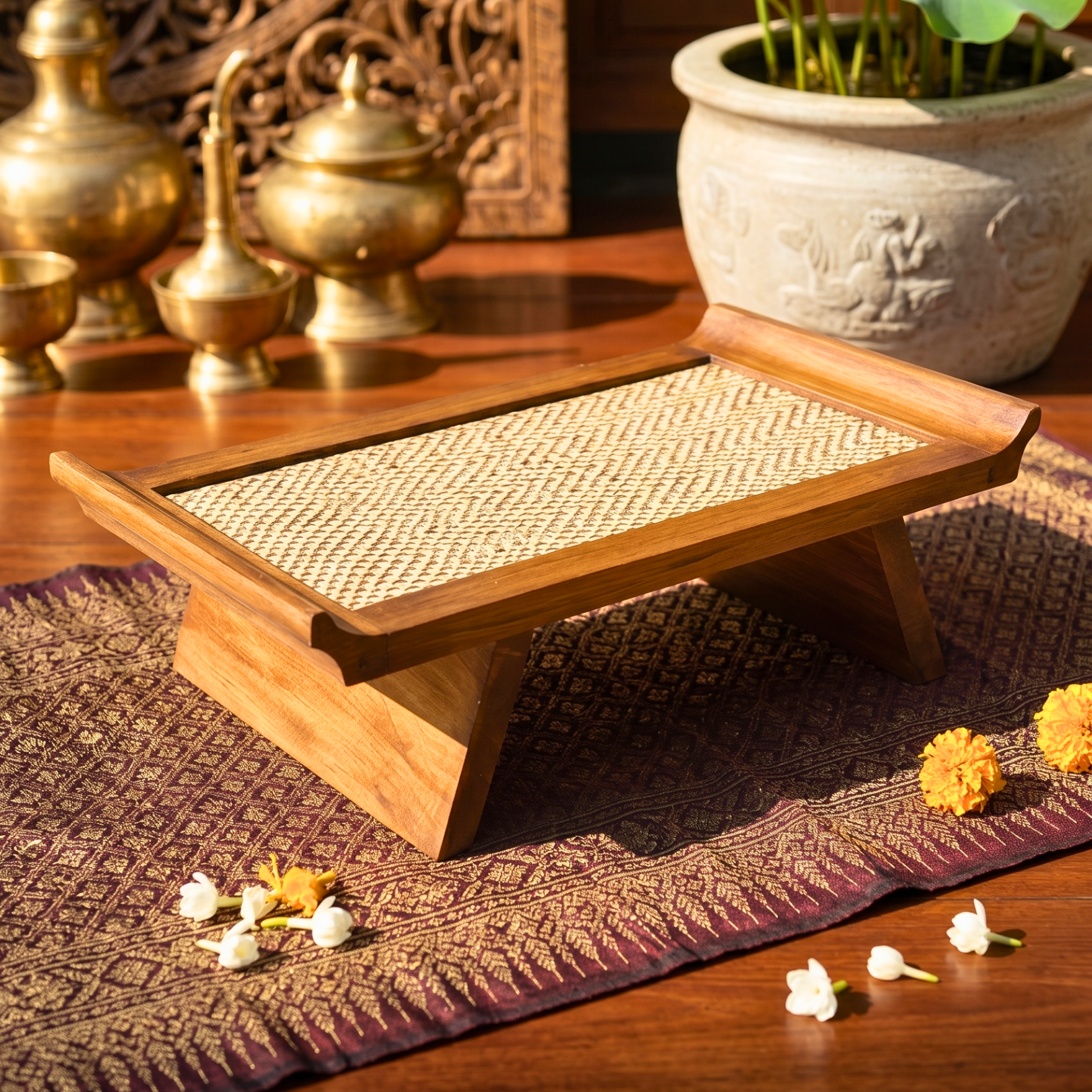 Handcrafted Hardwood Serving Tray: Woven Rattan Elevated Riser for Serving & Tea Set Display