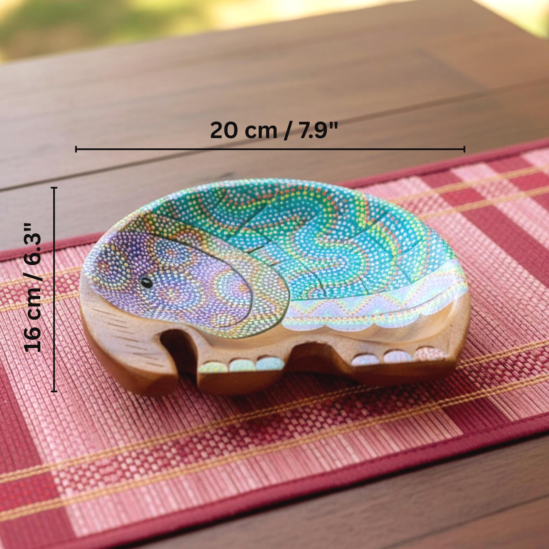 Hand Painted Wooden Elephant Plate with Dot Art Design: Thai Folk Art Decor