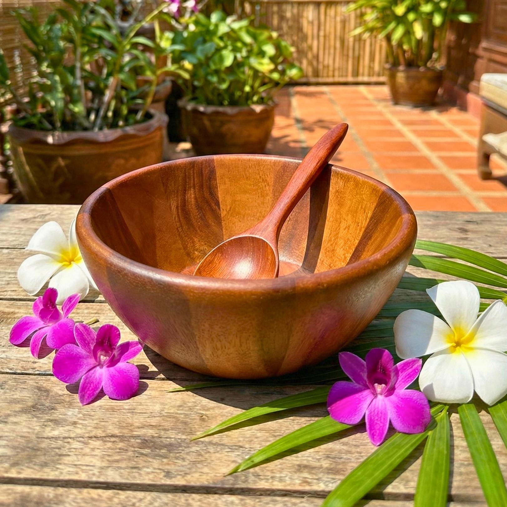Hand Carved Acacia Wood Bowl & Spoon Set: Rustic Cereal and Soup Bowl
