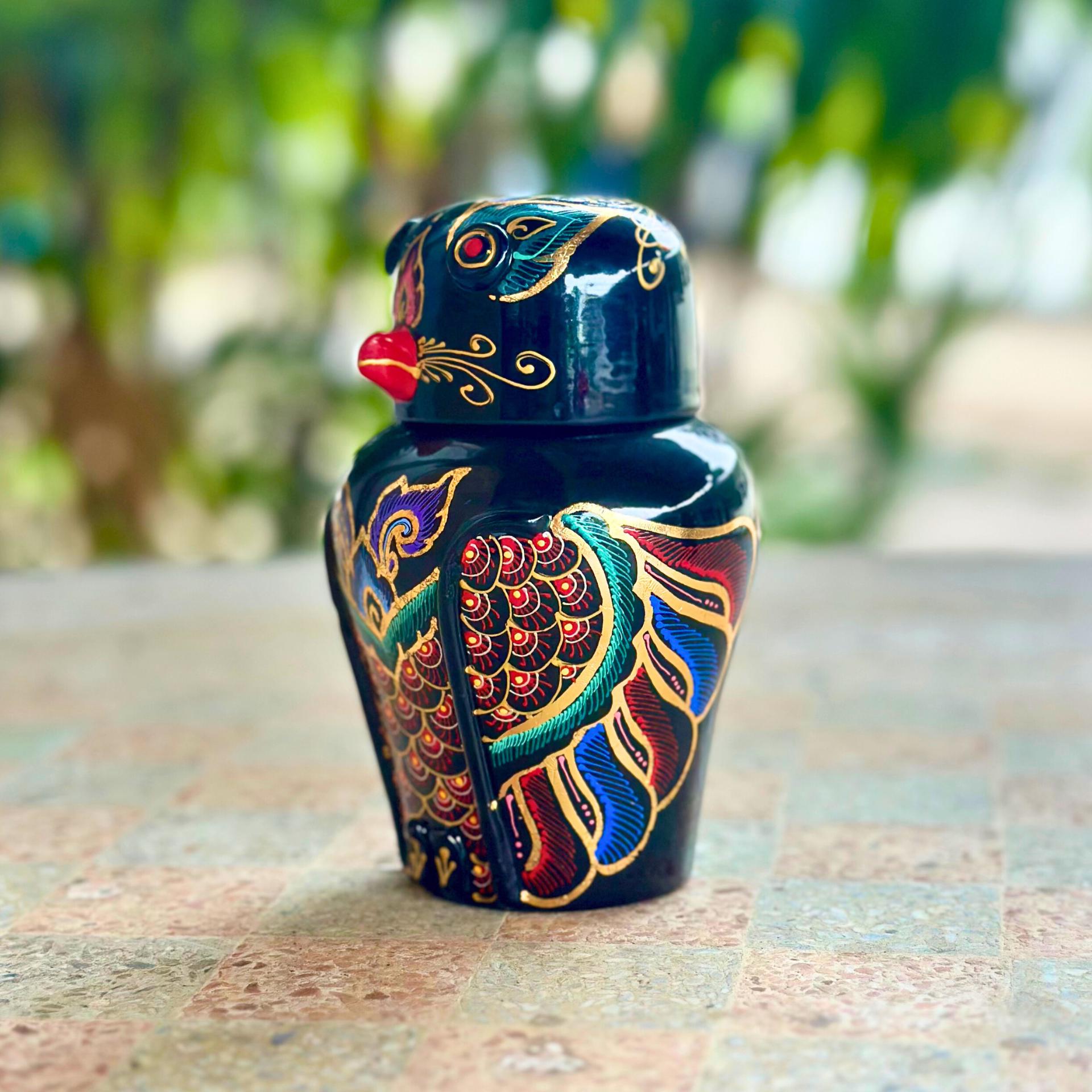 Hand-Painted Acacia Wood Owl Figurine: Black Lacquer Gold Accents