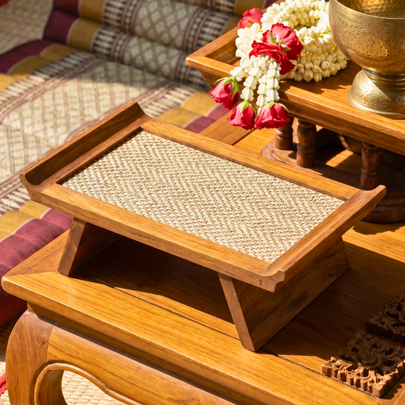 Handcrafted Hardwood Serving Tray: Woven Rattan Elevated Riser for Serving & Tea Set Display
