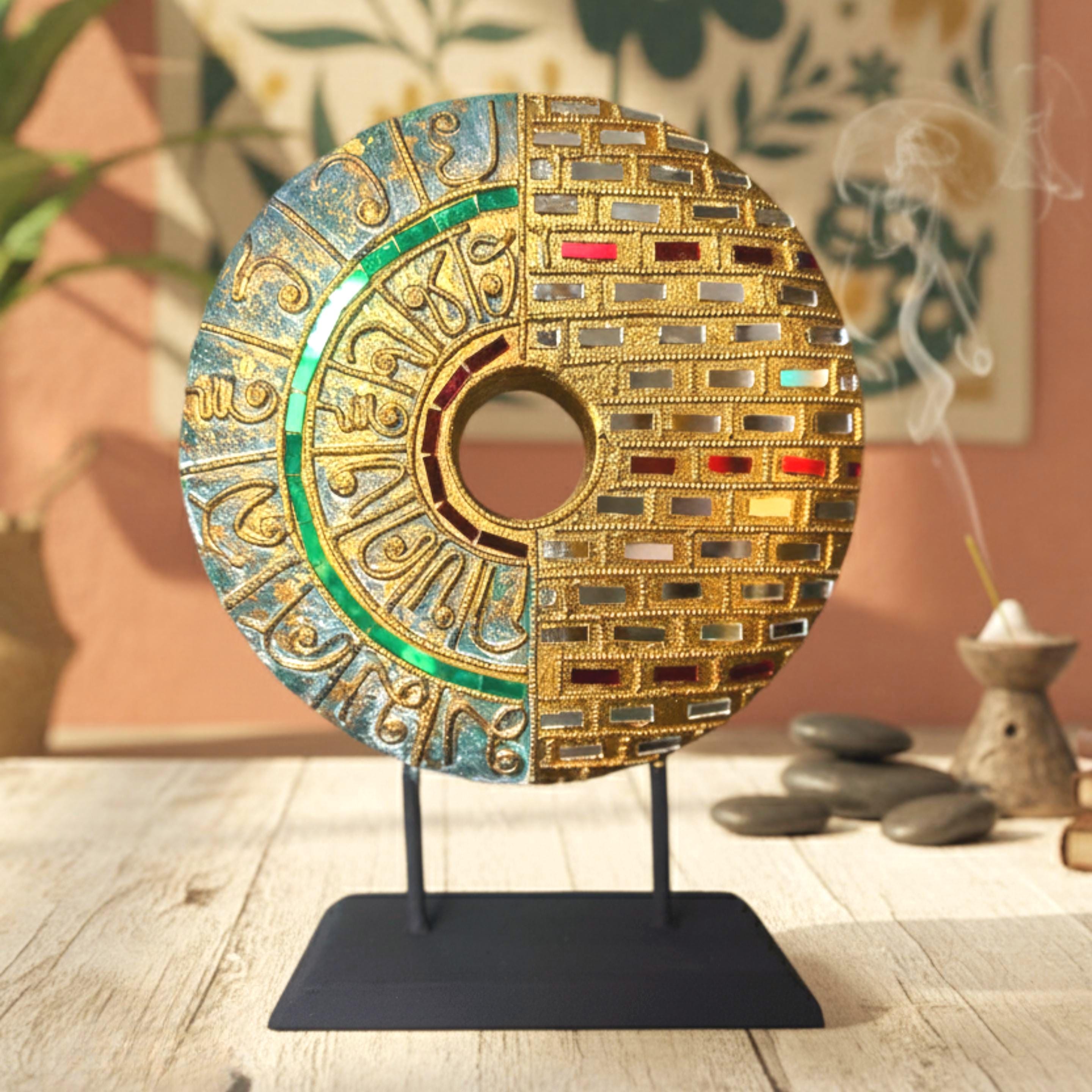 Handcrafted Mandala Disc Geometric Mosaic: Thai Folk Art Inlaid Sculpture