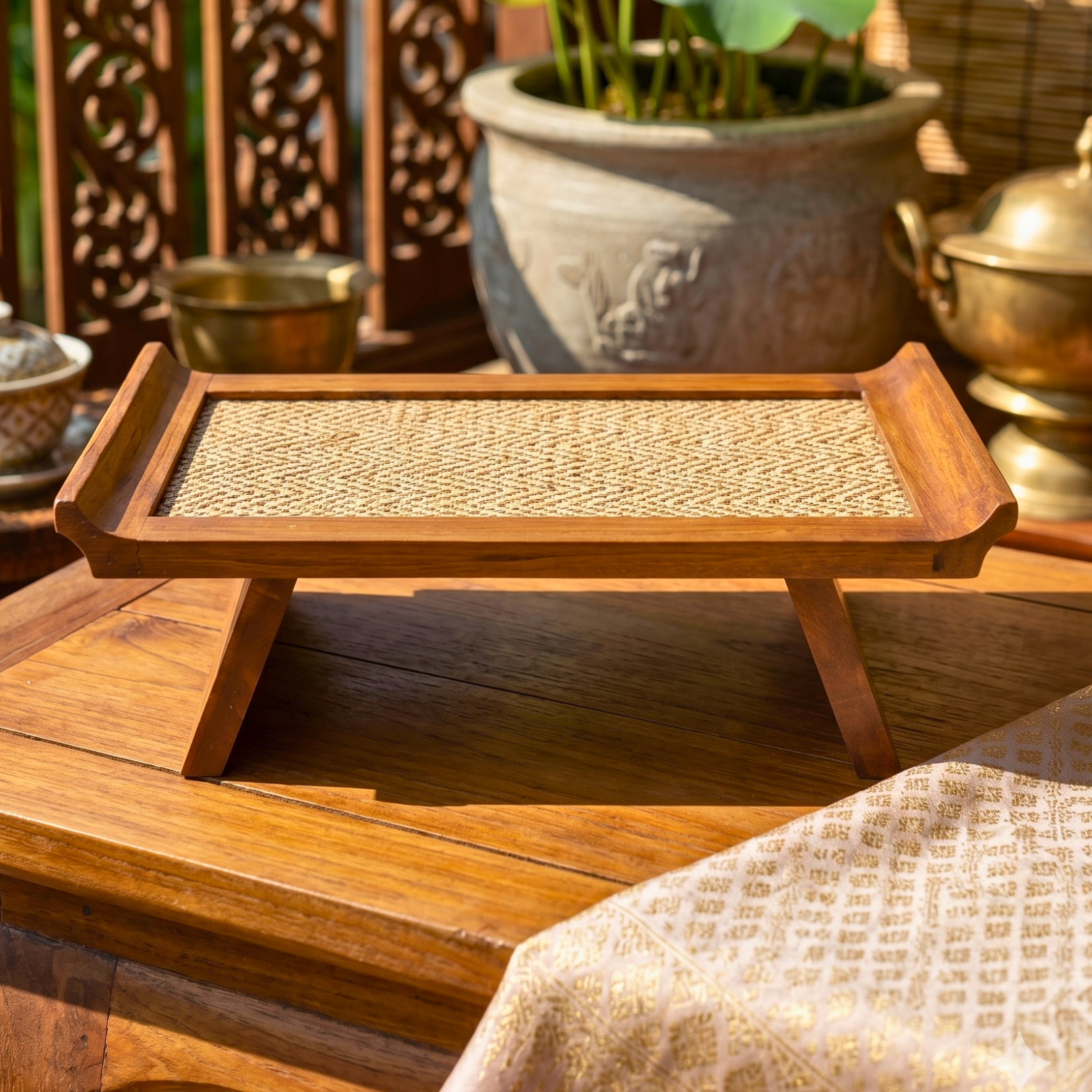 Handcrafted Hardwood Serving Tray: Woven Rattan Elevated Riser for Serving & Tea Set Display