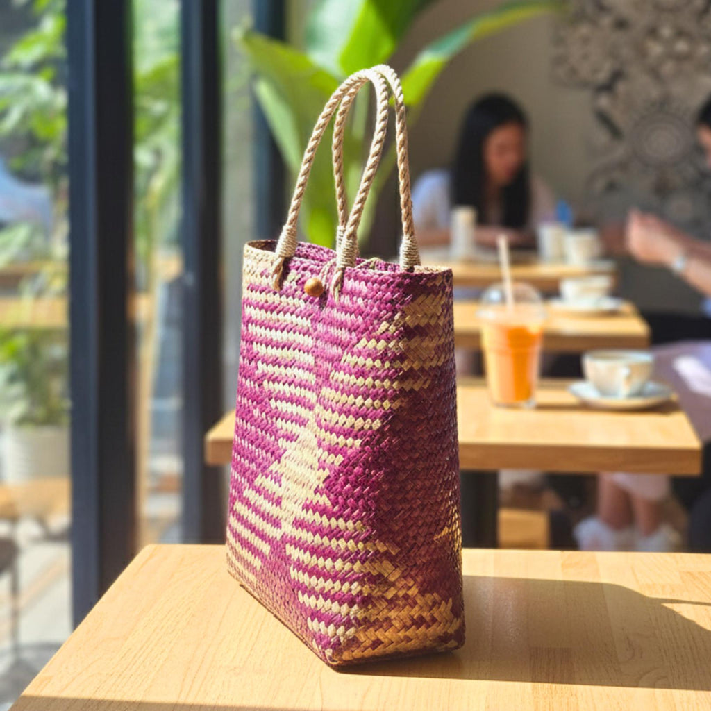 Hand Woven Rattan Square Tote Bag: Boho Wicker Handbag with Rope Handles