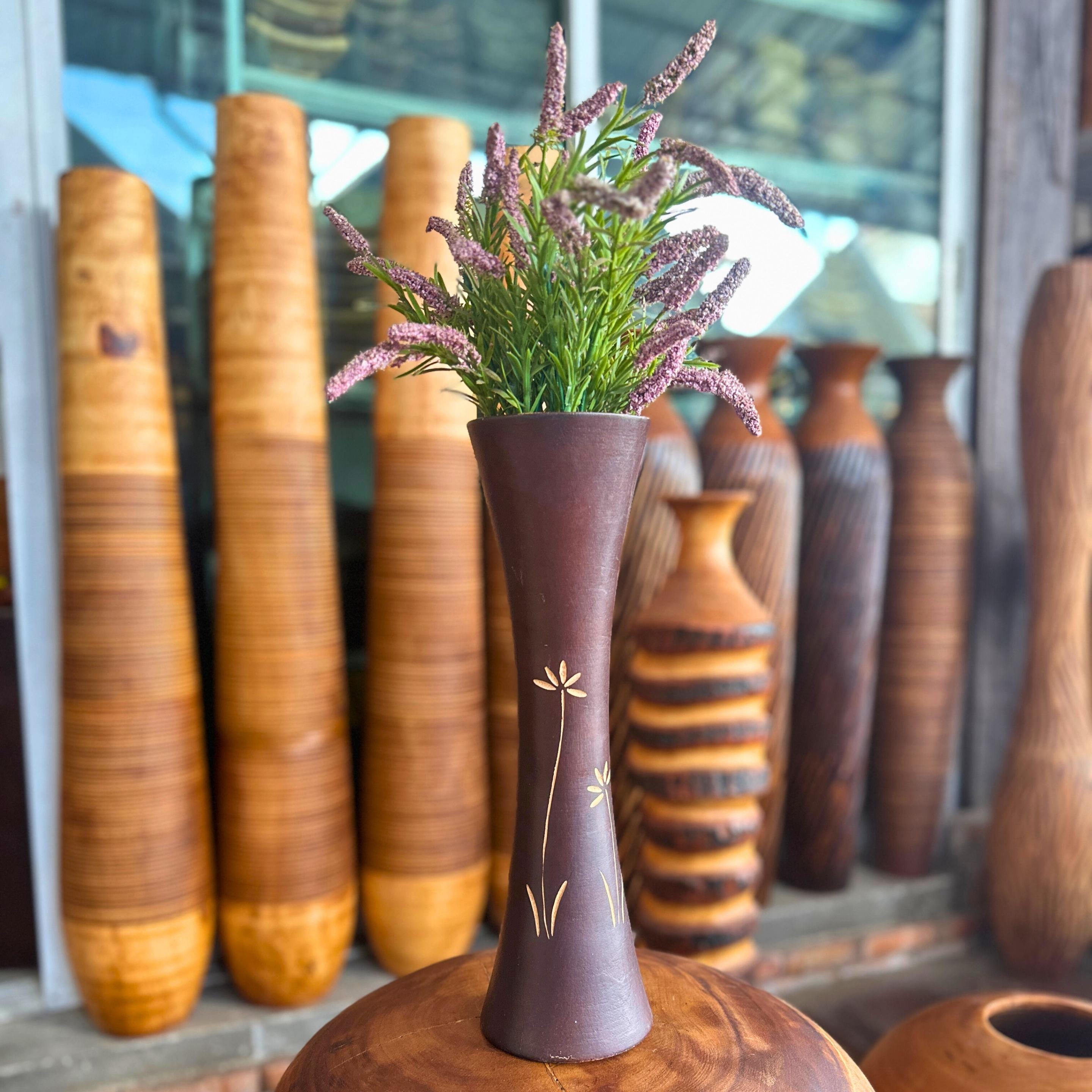 Hand Carved Wooden Tabletop Vase: Two Tone Floral Rustic Decor