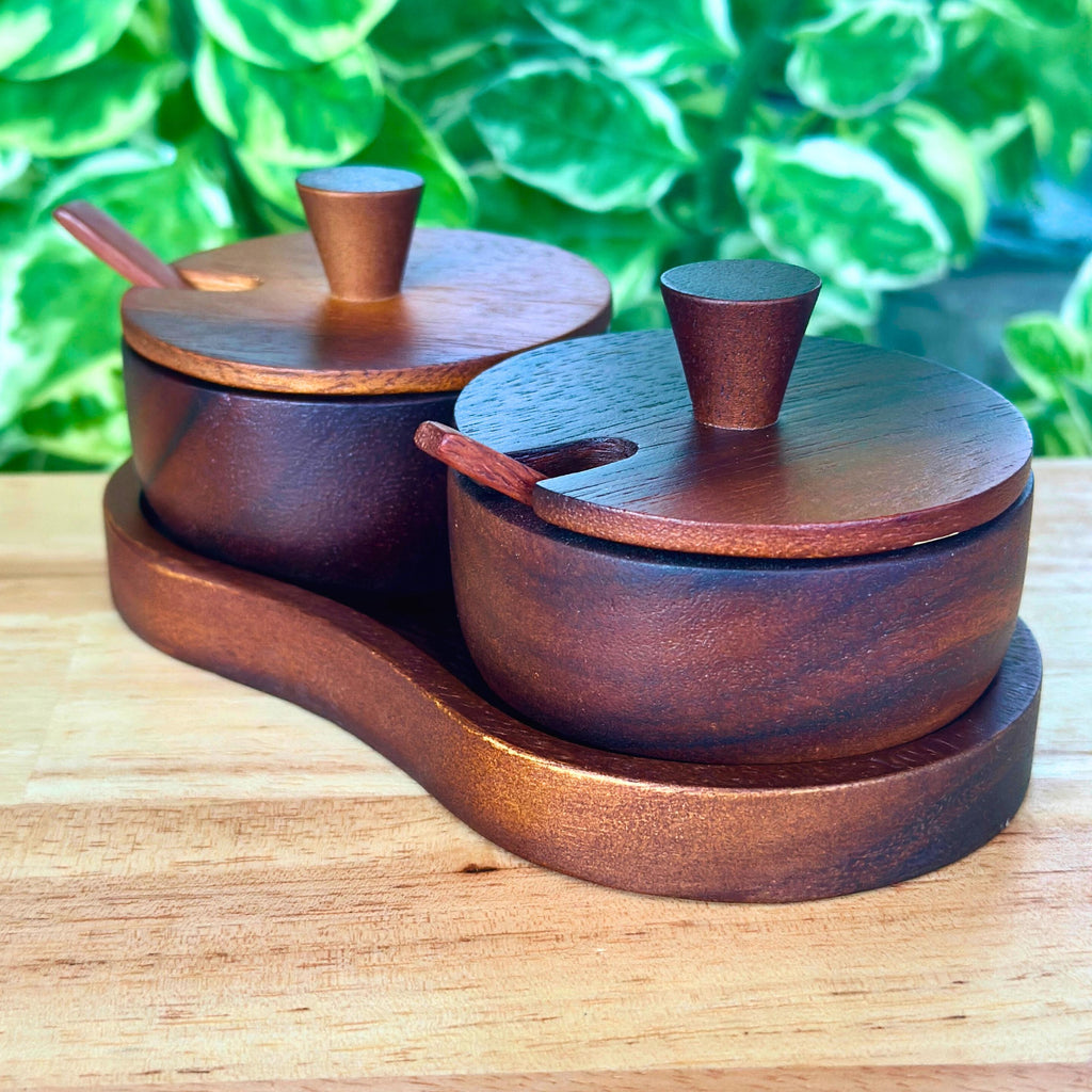 Hand Carved Wood Spice and Condiment Set: Salt, Sugar, and Pepper Server