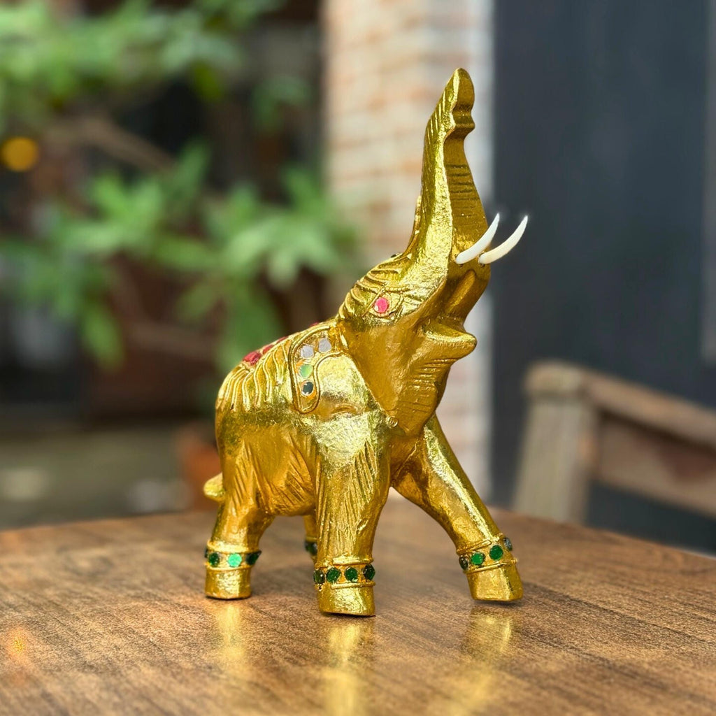 Golden Elephant Figurine, Thai Handcrafted Decor: Jeweled Lucky Elephant Statue, Cultural Home Accent