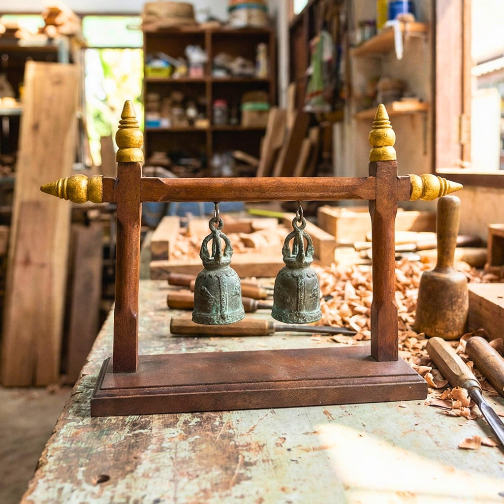 Hand Carved Teak Wood Double Bell Frame: Traditional Thai Temple Decor