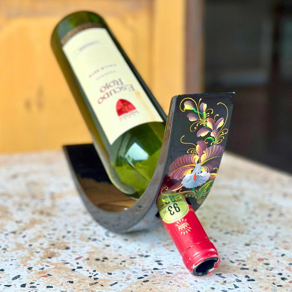 Hand-Painted Wine Bottle Holder: Pink Peony Design, Acacia Wood