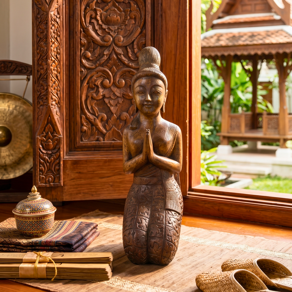 Acacia Wood Kneeling Lady, 16 Inch Wai Greeting Sculpture, Housewarming Gift for Minimalist - Siam Wood Artisans
