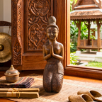 Acacia Wood Kneeling Lady, 16 Inch Wai Greeting Sculpture, Housewarming Gift for Minimalist - Siam Wood Artisans