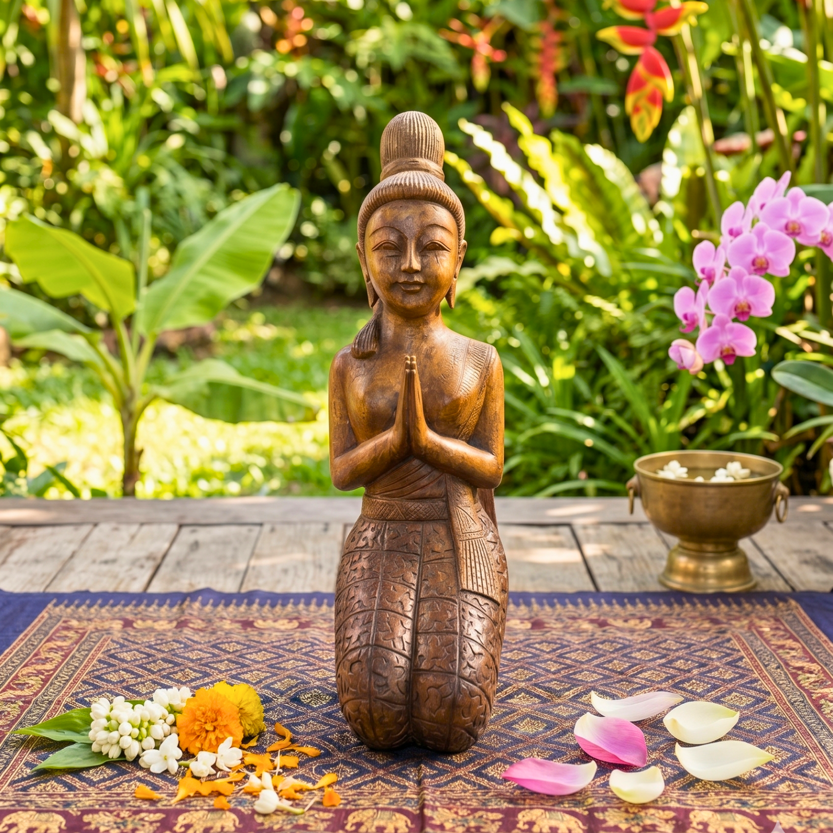 Acacia Wood Kneeling Lady, 16 Inch Wai Greeting Sculpture, Housewarming Gift for Minimalist - Siam Wood Artisans