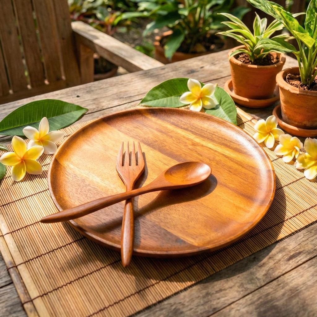 Hand Carved Upcycled Teak Wood Dinnerware Set: Rustic Plate, Fork & Spoon Trio