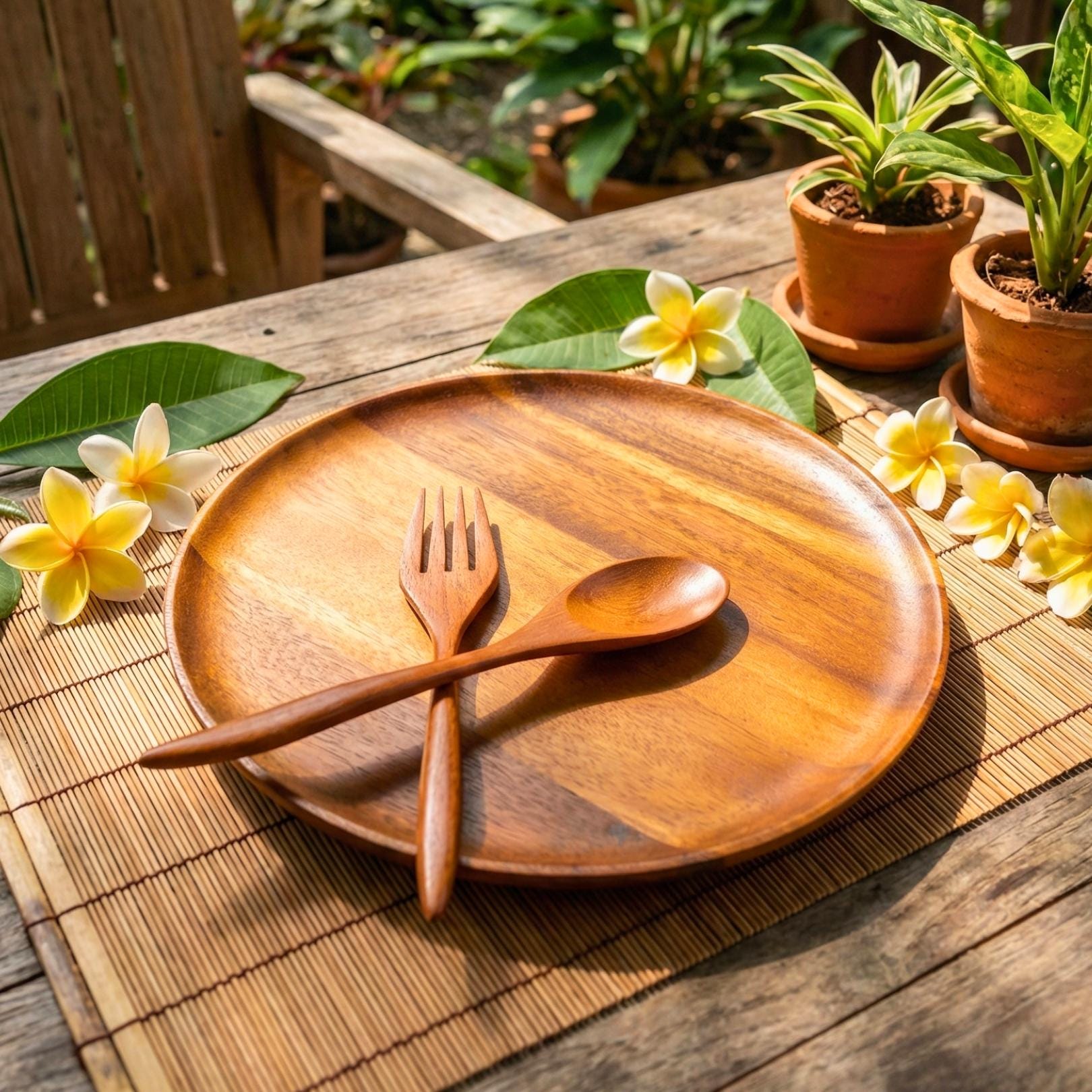 Hand Carved Upcycled Teak Wood Dinnerware Set: Rustic Plate, Fork & Spoon Trio