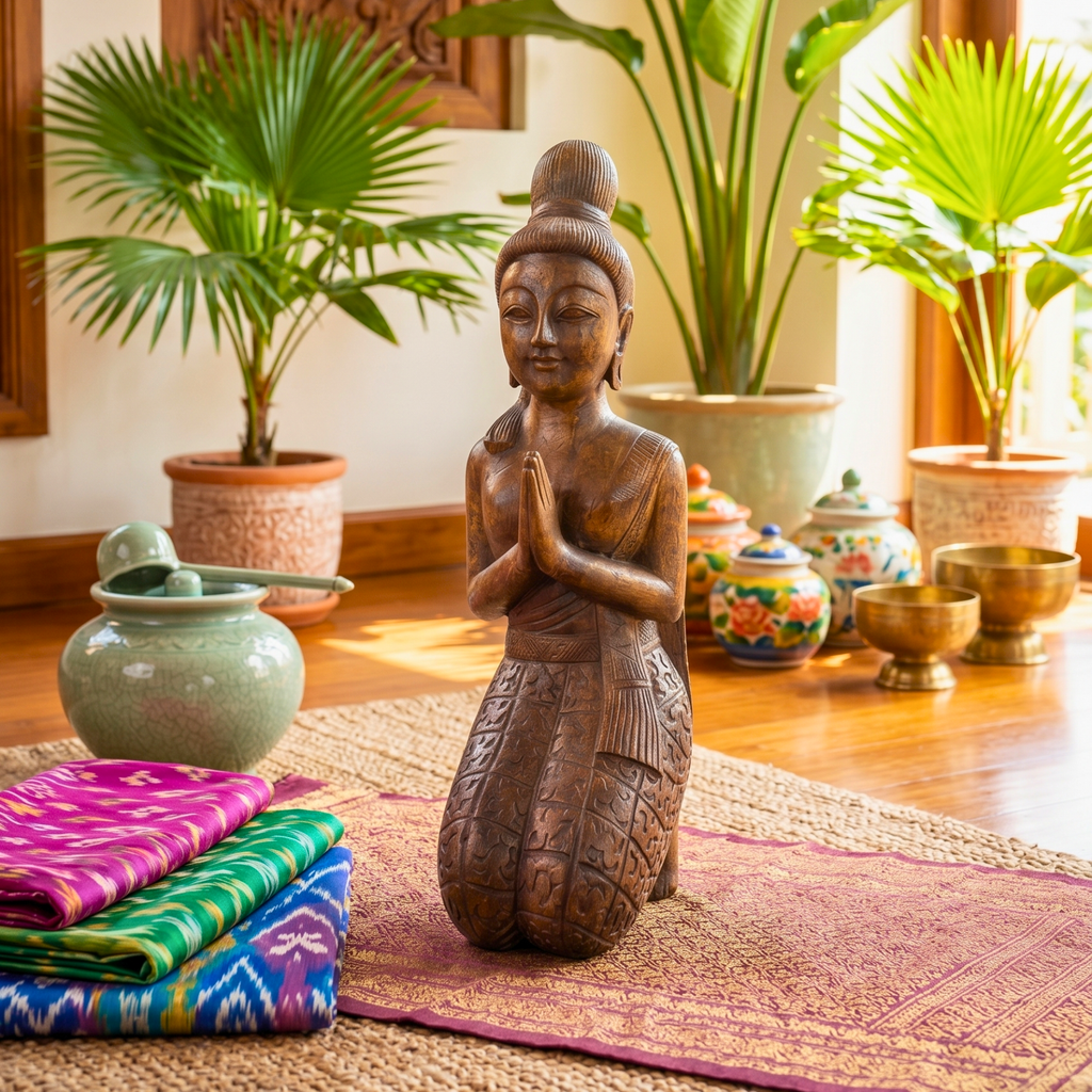 Acacia Wood Kneeling Lady, 16 Inch Wai Greeting Sculpture, Housewarming Gift for Minimalist - Siam Wood Artisans