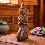 Acacia Wood Kneeling Lady, 16 Inch Wai Greeting Sculpture, Housewarming Gift for Minimalist - Siam Wood Artisans