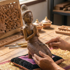 Acacia Wood Kneeling Lady, 16 Inch Wai Greeting Sculpture, Housewarming Gift for Minimalist - Siam Wood Artisans